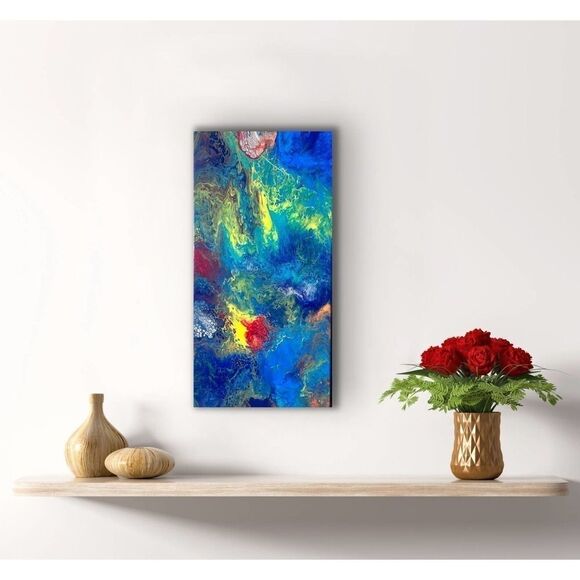 Splatter Blue, Yellow and Green Pour Painting 10 x 20 Stretched Canvas Art - Picture 7 of 10